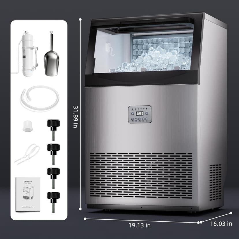 Commercial Ice Maker, 110lbs/24H, 33lbs Large Storage Under Counter Ice Maker for Business, 50 Cubes in 7-14Mins Stainless Steel Ice Machines, Self Cleaning Ice Makers for Cafe Bar Restaurant Home