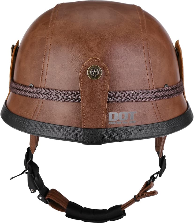 Yesmotor Motorcycle Half Helmet Retro German Handmade Leather Half Face Quick Release Buckle & Goggles - DOT Approved (Dark Brown, L)
