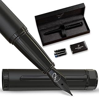 Ellington Pens Luxury Fountain Pen Set- Fountain Pens for Writing - Smooth Nib - Includes Refillable Ink Converter, 3 Ink Cartridges [Black & Blue] (Fine, The Stealth)