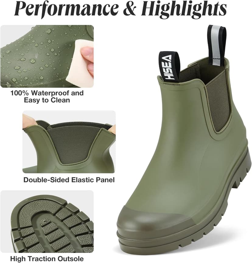 HISEA Women's Short Rain Boots Fashion Waterproof Chelsea Boots Ankle Garden Shoes for Ladies Non Slip Outdoor Work Booties Lightweight Rubber Rainboots with Comfort Insole
