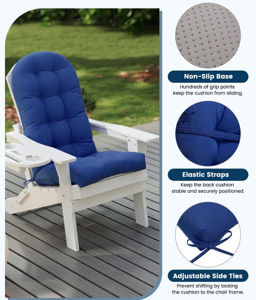 FOOWIN Adirondack Chair Cushion Set of 4, Thickened Rocking Chair Cushion,48.5×20.8×5.7 Inches,High Back Patio Cushions with Ties, Waterproof & UV-Protected, for Indoor and Outdoor, Navy Blue
