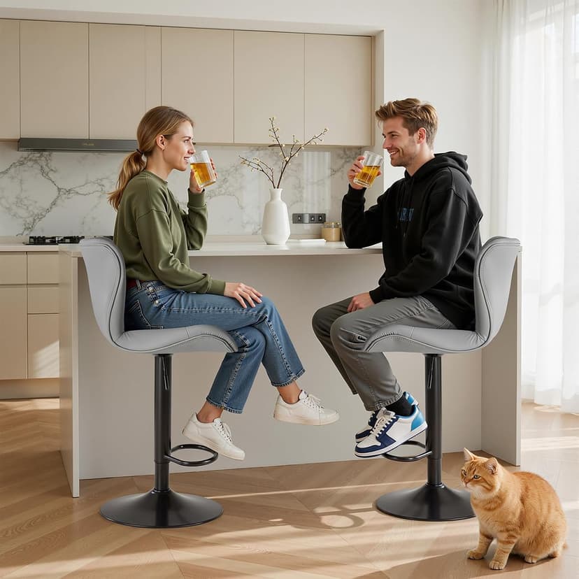 Sweetcrispy Modern Bar Stools Set of 4, Adjustable Faux Leather Upholstered Swivel Bar Stools, Counter Height Bar Chairs with Back for Kitchen Island, Grey
