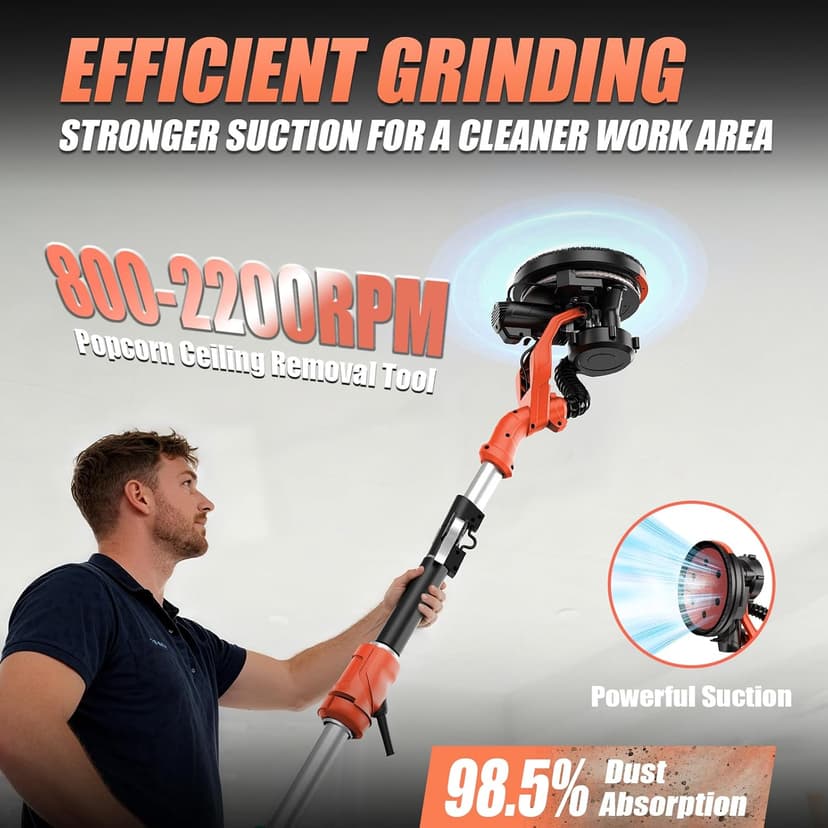 1000W Drywall Sander, Electric Drywall Sander, Popcorn Ceiling Removal Tool with Vacuum Dust Collection, 6 Variable Speed, Foldable Telescopic Handle