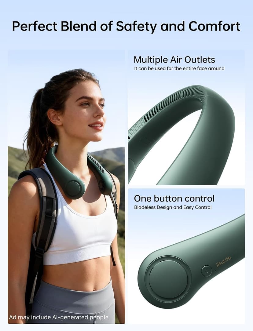 Battery Operated Wearable Personal Fan, Twistable, Rechargeable Travel Essentials, Gifts for Women Men-Dark Green JISULIFE Portable Neck Fan, Hands Free Bladeless Fan, 5 Speeds, 4000 mAh B08911JGGW