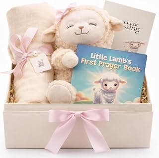 Ready-to-Gift Box: 10" Praying Lamb Plush with Pink Bow, Bamboo Muslin Blanket, First Prayer Book & Card. Baptism Gifts for Girl - Christening & Dedication 5-Piece Keepsake Set B0GHZRX7RP