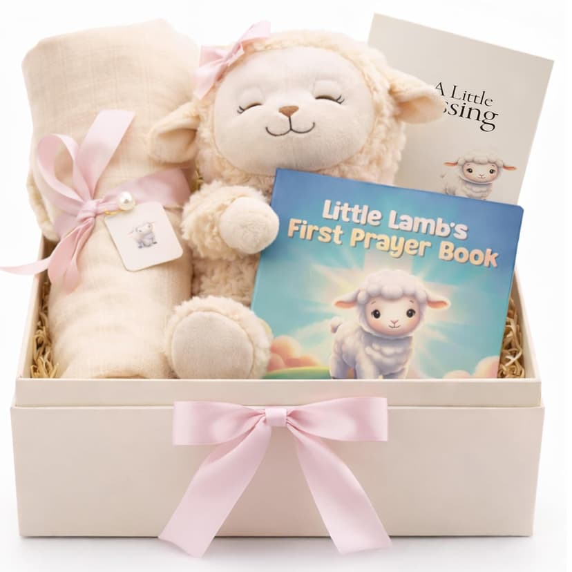 Ready-to-Gift Box: 10" Praying Lamb Plush with Pink Bow, Bamboo Muslin Blanket, First Prayer Book & Card. Baptism Gifts for Girl - Christening & Dedication 5-Piece Keepsake Set B0GHZRX7RP
