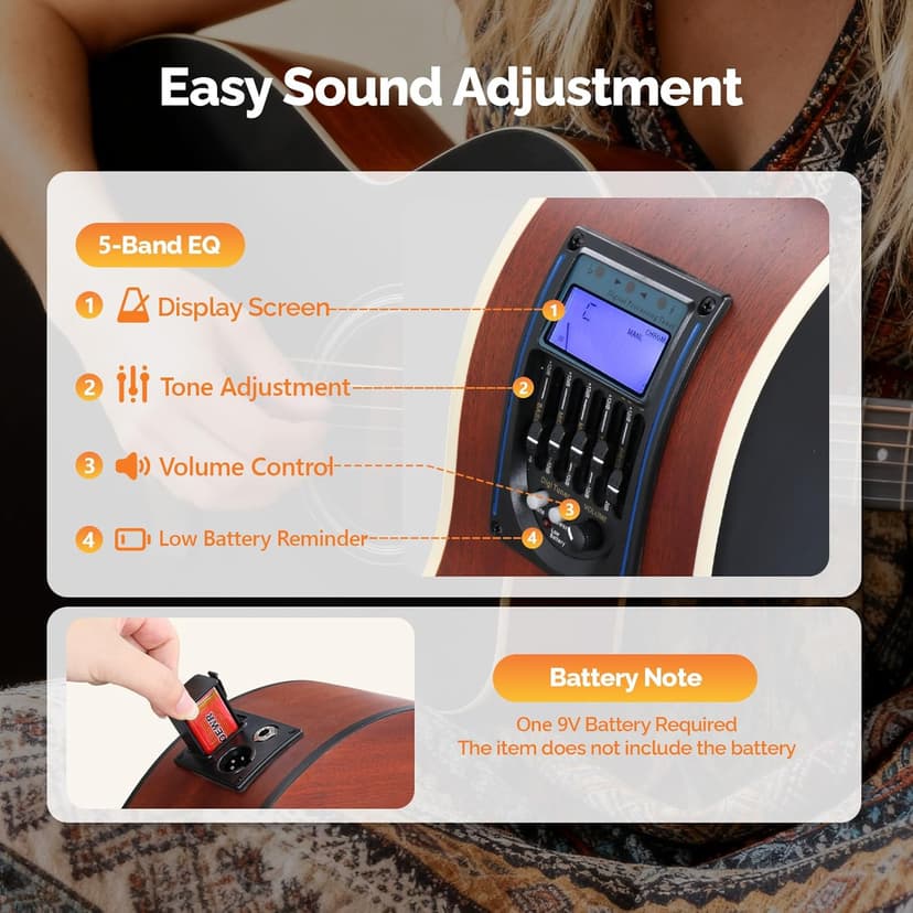 GLARRY 36in Acoustic Electric Guitar Beginner Kit with 15W Amp, 5-band EQ Dreadnought Design 6 Strings Electric Acoustic Guitar with Bag, Strap, Picks, Strings, Wrench (Black)