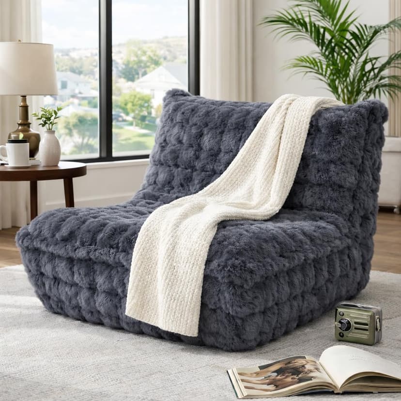 Bean Bag Chairs with Filler Faux Fur Fireside Beanbags Lazy Sofa for Memory Foam BeanBag Chair Bean Bag Sofa for Bedroom, Living Room, Office and Home (Dark Grey)