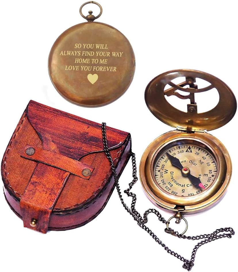 Love You Forever Engraved Sundial Compass with Leather Case – Inspirational Gift for Traveler, Adventurer, Groom, Baptism, Wedding or Him | Vintage Brass Navigation Compass