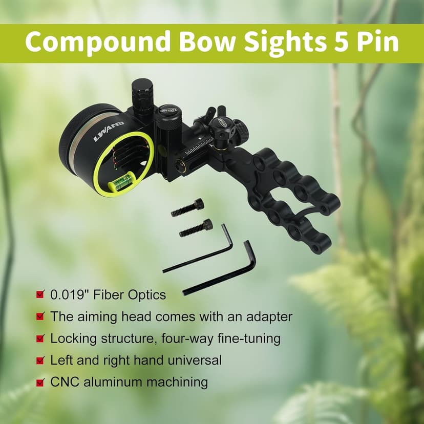 Archery 5-Pin Bow Sight - 0.019" Fiber, Brass Pin, Aluminum Machined - Right and Left Handed, with Hi-Vis Level for Archery, Hunting, Shooting