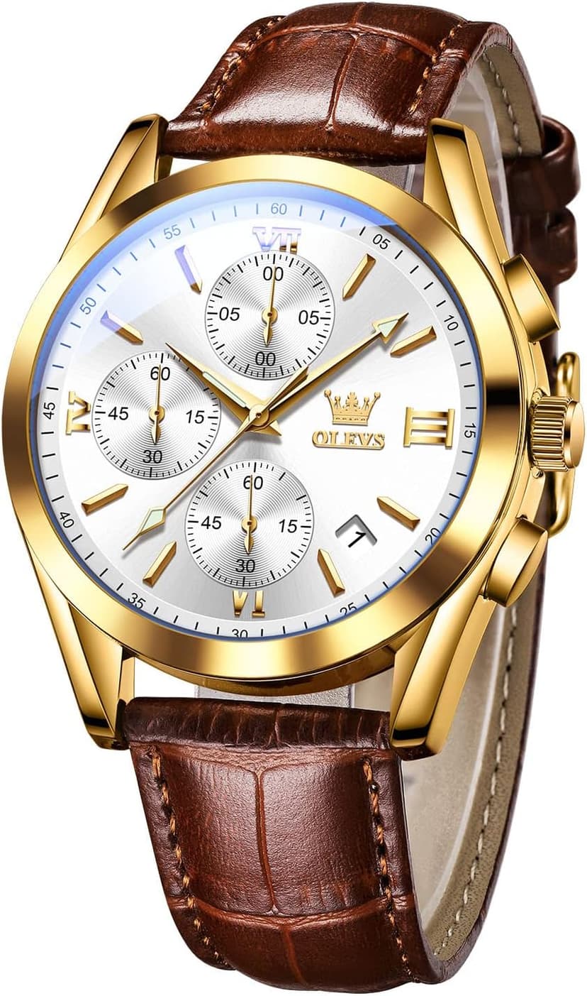 OLEVS Men's Casual Leather Watch, Big Face Chronograph Watch for Men, Fashion Easy to Read Dress Watch, Men's Waterproof Luminous Date Analog Watch, Gold/Black/White/Blue Dial