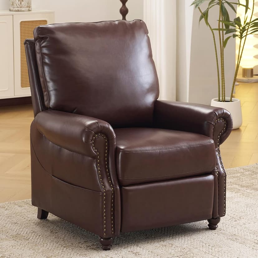 Pushback Recliner Chair with Massage and Heat, Breathable Leather Recliner Chair with Overstuffed Backrest, Recliner with Rivet Decoration, Single Sofa Accent Chair for Living Room, Brown