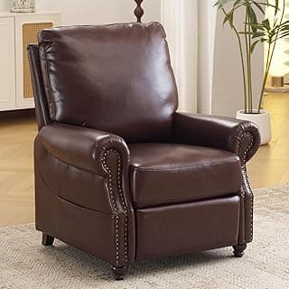 Pushback Recliner Chair with Massage and Heat, Breathable Leather Recliner Chair with Overstuffed Backrest, Recliner with Rivet Decoration, Single Sofa Accent Chair for Living Room, Brown