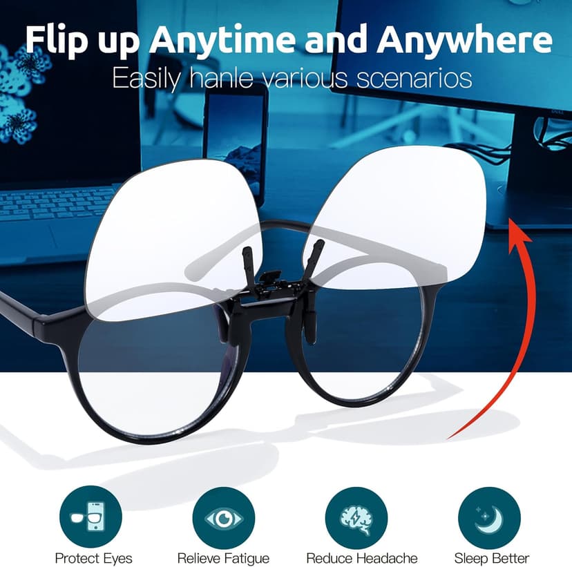VIEWBETTER Clip On Blue Light Blocking Glasses for Eyes Strain & Light-Sensitive Flip Up Frameless Yellow Lenses BL103Y