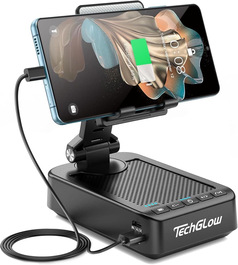 TechGlow Foldable Cellphone Stand with Bluetooth Speaker Power Bank 360° Rotatable Phone Stand Birthday Gifts for Men Women Mother Father Cool Tech Gadgets
