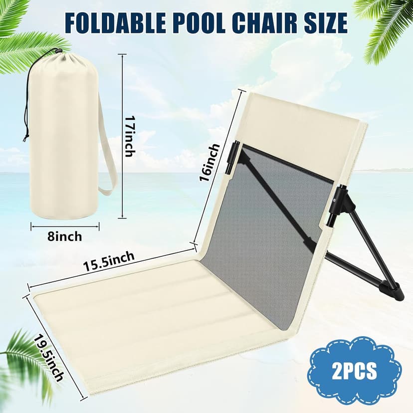 Foldable Poolside Chairs, 2 Pack Lightweight Portable Beach Chairs with Back Support for Adults, Compact Folding Pool Edge Chair for Outdoor Camping Picnic Beach, Light Beige