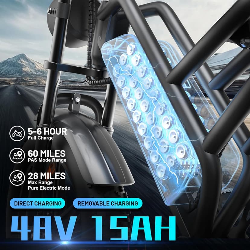 Electric Mountain Bike for Adults, 1500W Peak Motor Ebike, 28 MPH and 60 Miles PAS Range, 20 Inch Fat Tire Dirt E Bike for All-Terrain, 7 Speed, Electric Bicycles with 48V 15Ah Removable Battery