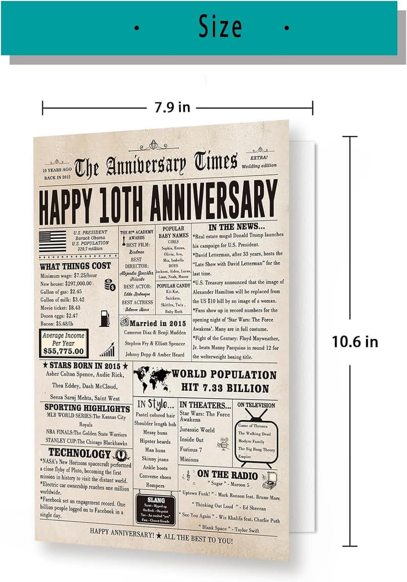 Big 10th Anniversary Card for Him Her, Retro 10 Year Anniversary Card Gift for Couple, Sweet 10 Wedding Anniversary Cards for Wife Husband, Best Decennial Gifts Idea for Parents