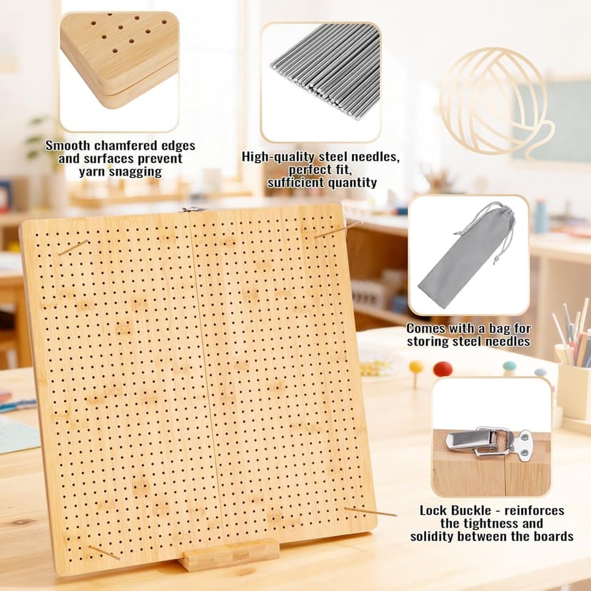 NewEle 17.0" Foldable Crochet Blocking Board with 40 Stainless Steel Pegs - Upgrade Large Blocking Boards for Crochet Projects, Bamboo Granny Square Crocheting Accessories Gifts for Crocheters