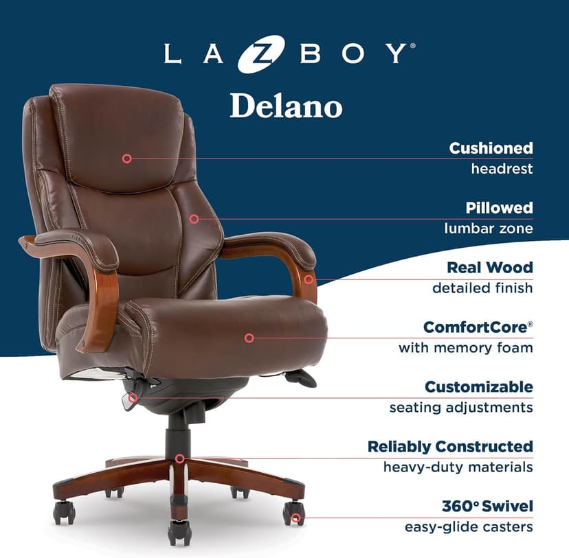 La-Z-Boy Delano Big and Tall Executive Office Chair - Ergonomic Lumbar Support Memory Foam - Bonded Leather Desk Chair for Home Office - Mahogany Wood Arms - Chestnut Brown