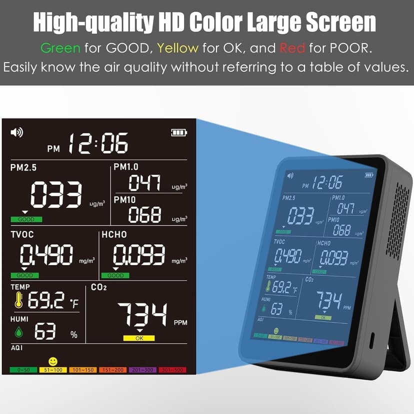 Professional Indoor Air Quality Monitor with AQI Alerts, Portable Real-Time Detector for Home, Car, Plants & Pet (Black)
