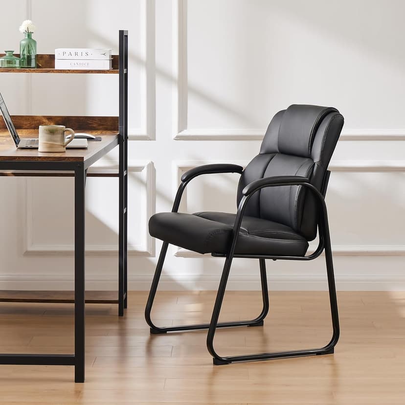 Sweetcrispy Waiting Room Guest Chair, Stationary Office Reception Chairs No Wheel, Comfy Padded Arms and Seld Base, for Conference Room Lobby Home Computer Desk Bedroom Elderly, Deep Black