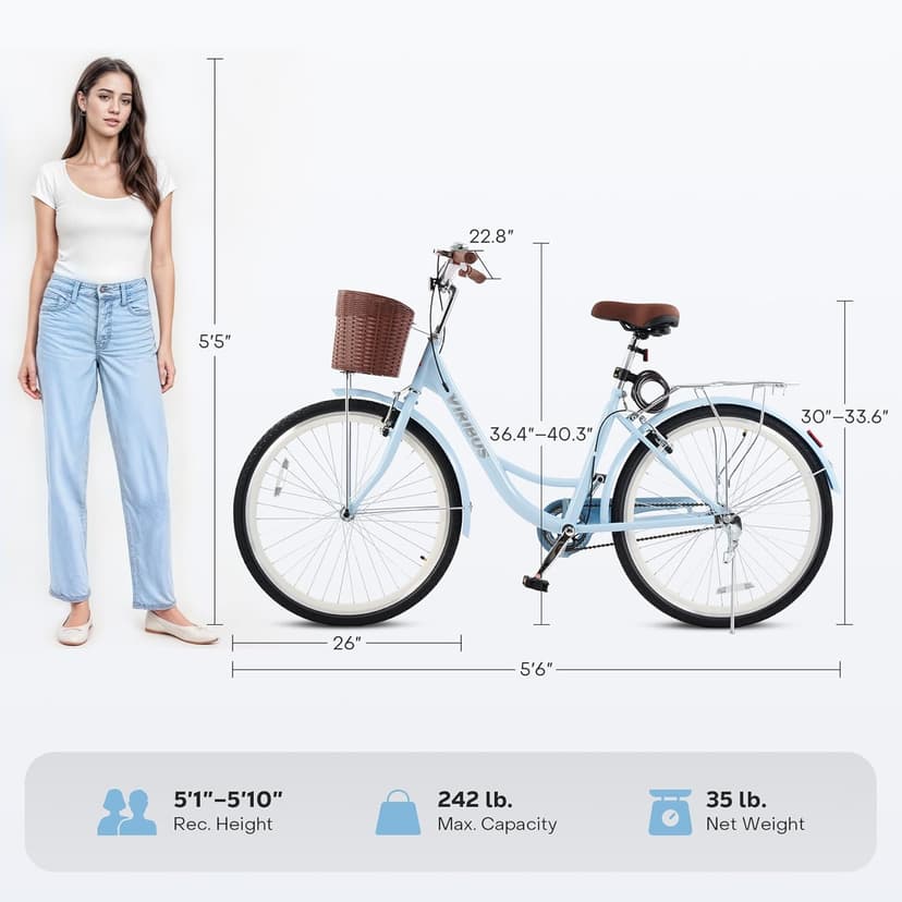 VIRIBUS Beach Cruiser Bike for Women, Single Speed Womens Bike with Basket & Rack 24 26 inch, Retro Step Through Cruiser Bicycle for Petite Short Women Female Ladies City Commuter, 330 lb.