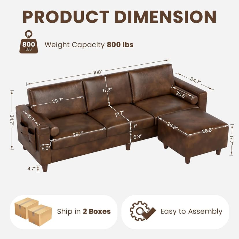 Vesgantti 100" PU Faux Leather Sofa with Movable Ottoman, 3 Seater L Shaped Leather Sectional Couch with Side Pocket, Comfy Mid Century Modern Modular Couch for Living Room, Apartment, Cocoa