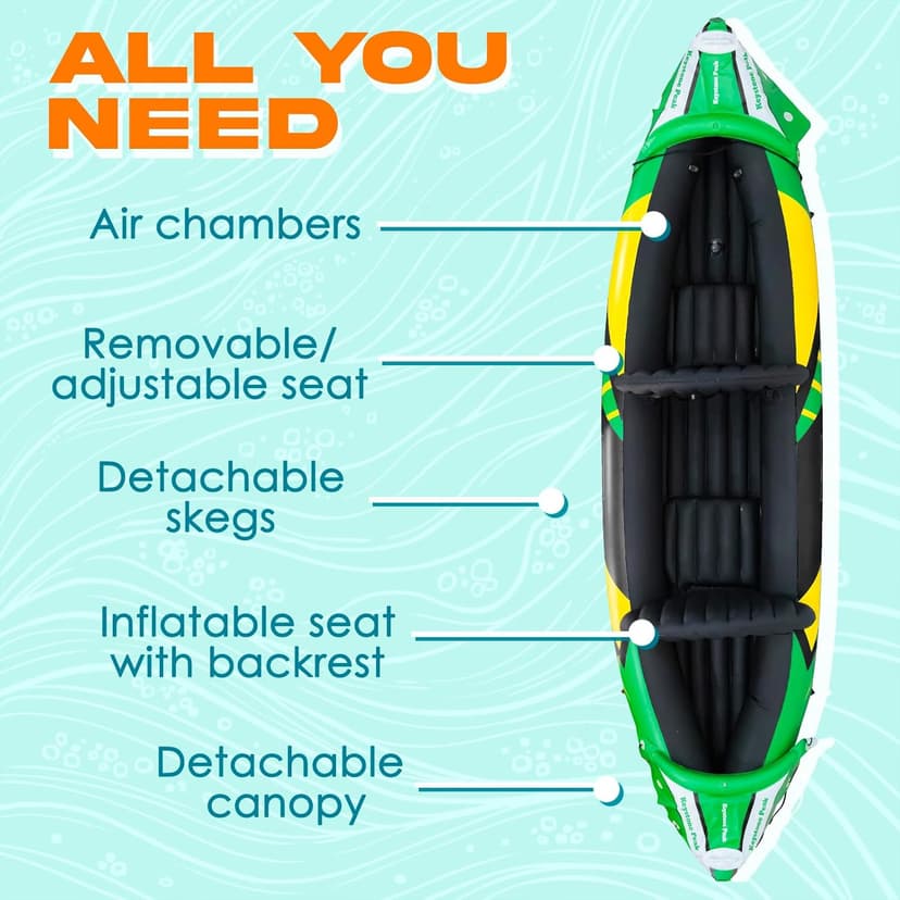 Inflatable Kayak 2 Person with Detachable Sun Canopy – Heavy-Duty Tandem Kayak for Adults – Reinforced Paddles, Waterproof Phone Bags, Adjustable Seats, Extra Seat for Dog or Child