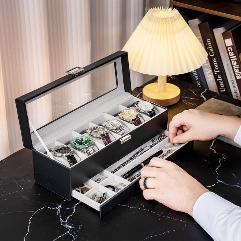 ProCase ProCase Watch Box, 6 Slot Watches Display Case with Drawer, Mens Watch Case with Glass Lid, 2-Layer Mens Jewelry Organizer Storage Holder, Birthday Valentine Gifts for Men -6 Slot, Black