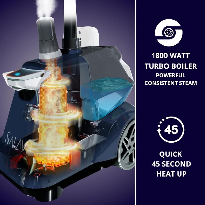 SALAV Heavy Duty Commercial Full-Size Garment Steamer with Foot Pedals and Extra Large 3L (101.5 oz) Water Tank, 1800 watts of Poweful Steam (Navy)