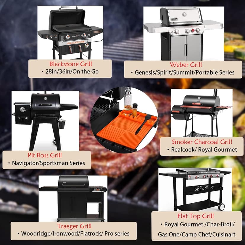 Silicone Griddle Tools Mat for Blackstone Weber Traeger Pit Boss - Side Shelf Spatula Mat with Drip Pad - Flat Top Grill Smoker Accessories for BBQ, Kitchen, Cooking, Countertop(Orange)