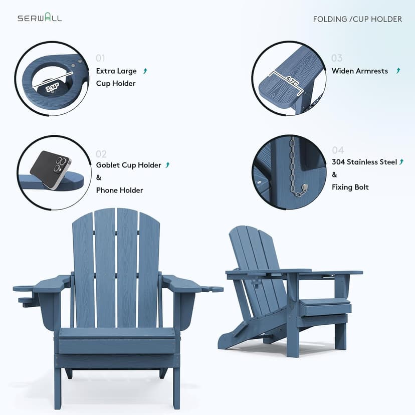 SERWALL Folding Adirondack Chair, HDPE Adirondack Chairs Set of 2, Plastic Outdoor Chairs- Looks Exactly Like Real Wood- Navy