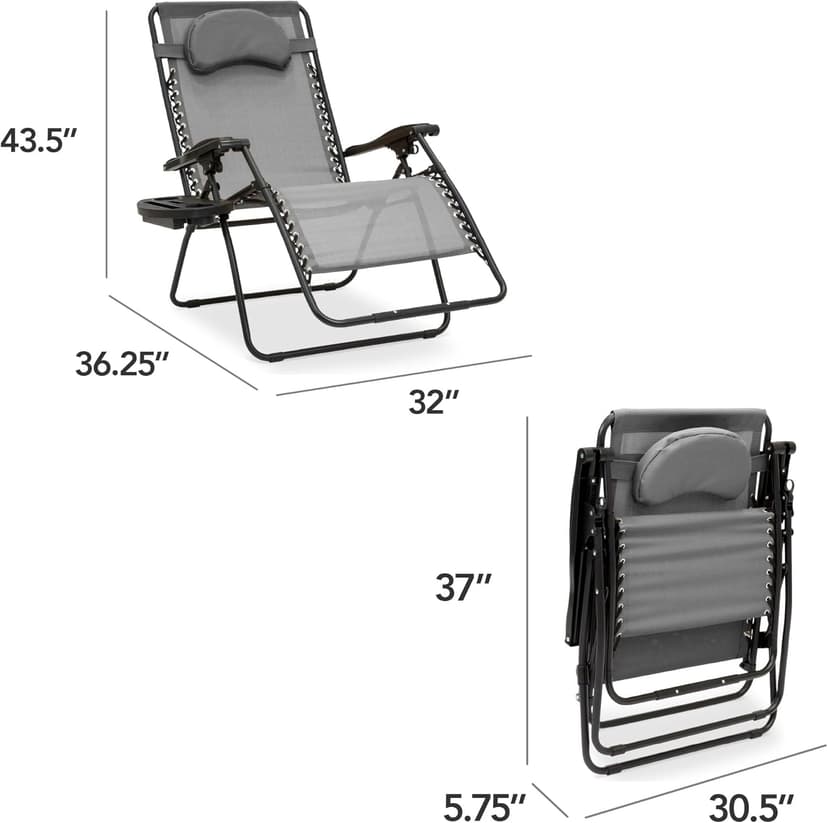 Best Choice Products Oversized Zero Gravity Chair, Folding Outdoor Patio Lounge Recliner w/Cup Holder Accessory Tray, Pillow - Gray