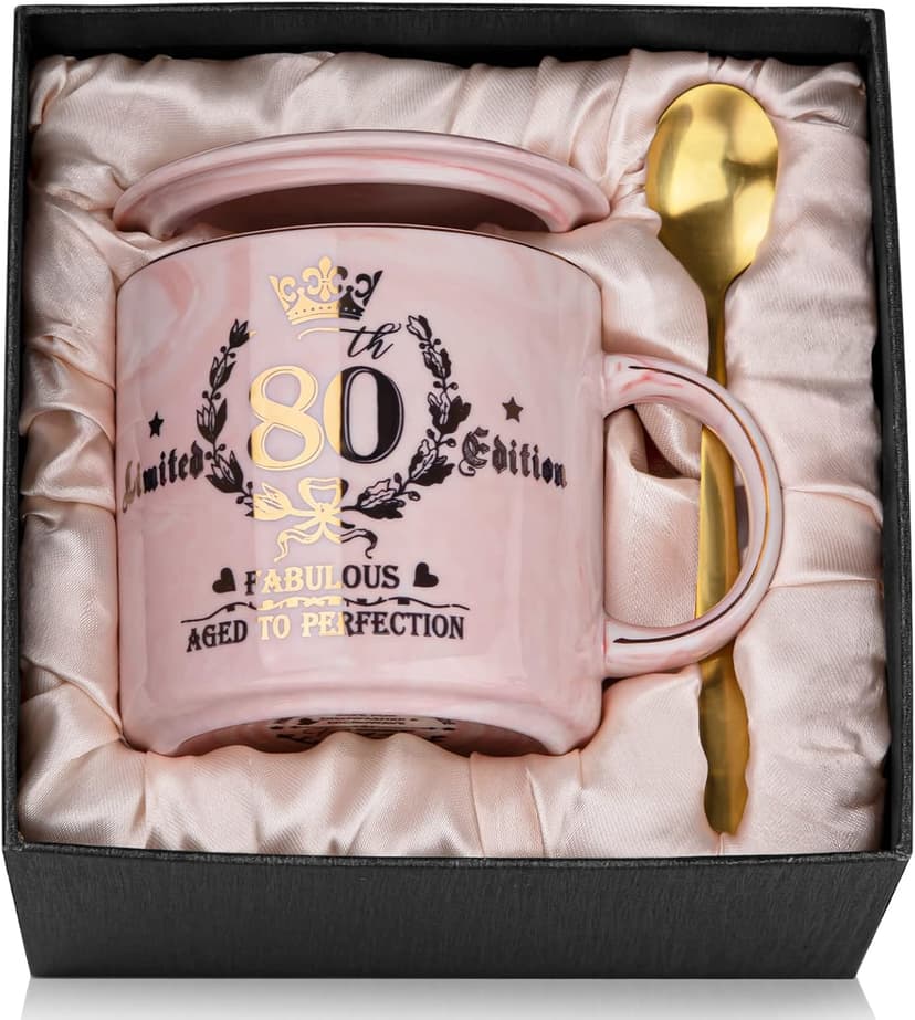 Biching 80th Birthday Gifts for Women, 14oz Pink Coffee Mug with Gold Pattern, Best Gifts for 80 Year Old Grandma, Mom, Sister, Friend, Fabulous 80 Limited Edition, 1943 Birthday Gifts for Women.