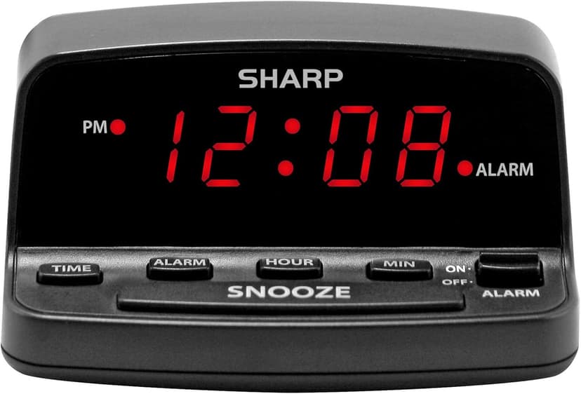Sharp Digital Alarm Clock with Keyboard Style Controls, Battery Back-up, Easy to Use with Simple Operation, Black Case with Red LED Display