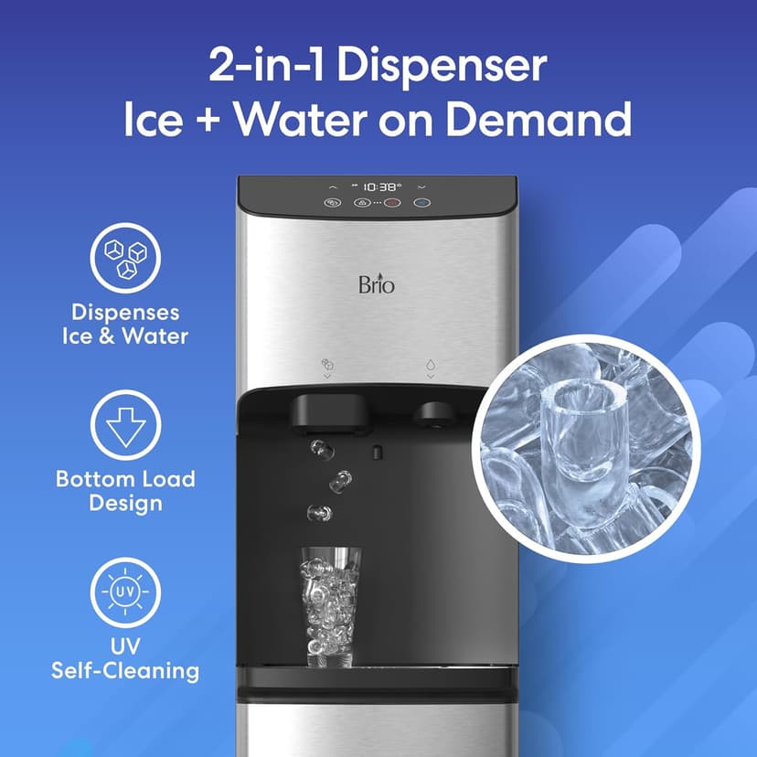 Brio 520 ICE Water Dispenser for 5 Gallon Bottle | Bullet Ice Maker Bottom Load Cooler | UV Self Cleaning, LED Touch Display with Digital Clock, Night Light, Child Safety Lock | 2X Fast Dispense