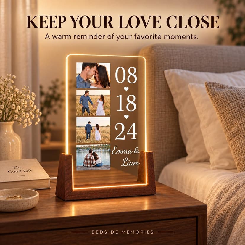 Personalized Couple Gifts, Custom Acrylic Photo Plaque with 4 Photos, Names & Date, Anniversary Keepsake with Wooden Base, Birthday Gifts for Wife, Husband, Girlfriend or Boyfriend B0HJZ6XZV6