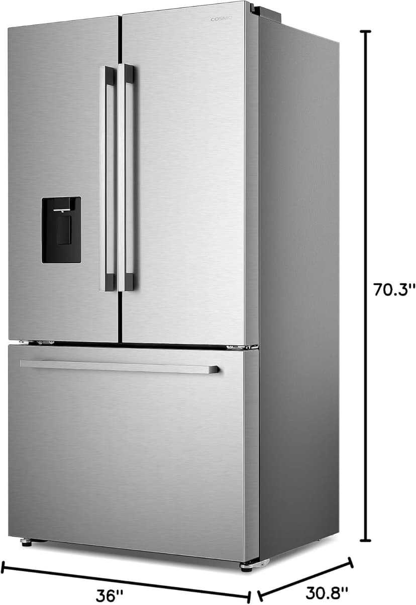 COSMO COS-FDR223GWSS 36 in. Lumin Collection 22.4 cu. ft. Counter Depth French Door Refrigerator, Water Dispenser, Ice Maker, Stainless Steel