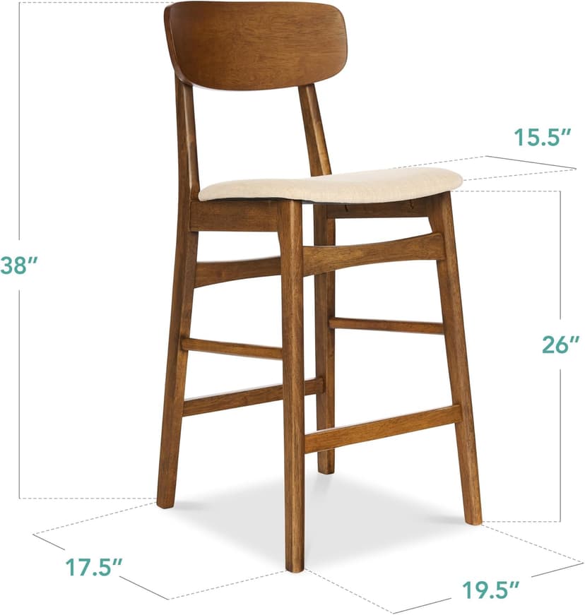 Best Choice Products Bar Stool Set of 2, Modern Farmhouse Counter Height Stools w/Upholstered Cushioned Seat, Wooden Curved Backrest - Walnut/Cream