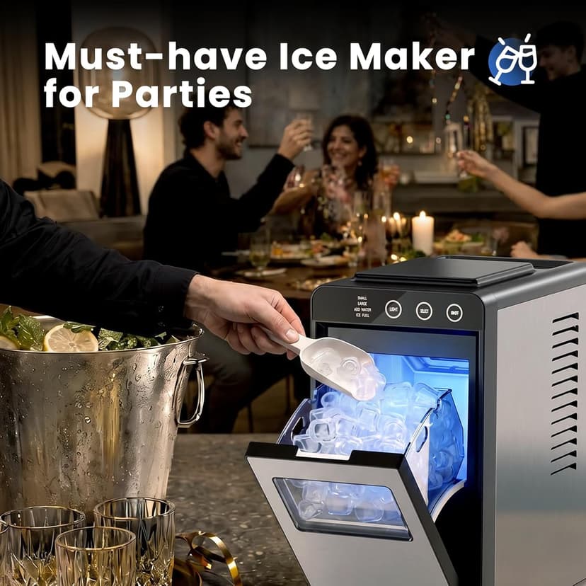 Electactic Countertop Ice Maker, 26Lbs Daily Ice Production, 0.8L Water Tank, Self-Cleaning, Adjustable Ice Size, One-Touch Operation, Interior Light, Portable Ice Maker for Home, Office & Party