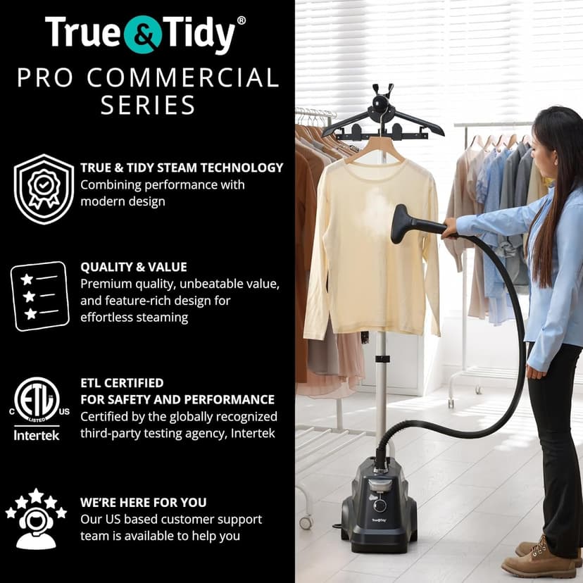 True & Tidy® Heavy-Duty Commercial Industrial Standing Garment Steamer for Clothes, 1800 watts, XL 3L water tank 90+ mins of Steam 3 Steam Settings, Step On/Off Control, Wheels for Easy Movement
