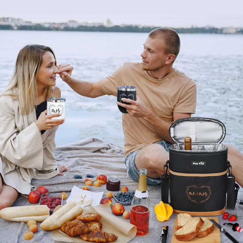 Hap Tim Wedding Gifts for Couples, Bridal Shower Gifts, Engagement Gifts for Newlyweds, Mr and Mrs gifts - Wine Cooler Bag Insulated Wine Carrier Tote with Tumblers, Bamboo Cheese Borad B0D8DR2S84