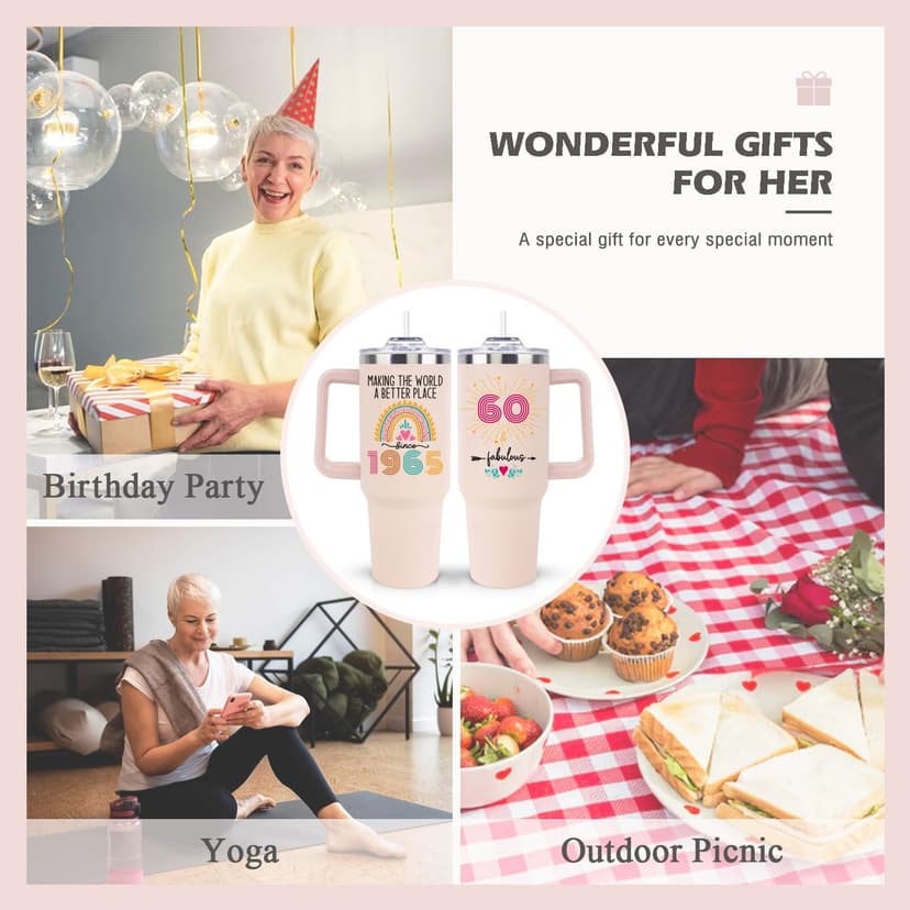 60th Birthday Gifts for Women Her, Cool 1965 60 th Birthday Gifts for Woman Turning 60 Year Old, 60th Birthday Decorations for Women Mom, 60th Birthday Gifts Ideas, 60 and Fabulous 40oz Tumbler Cup