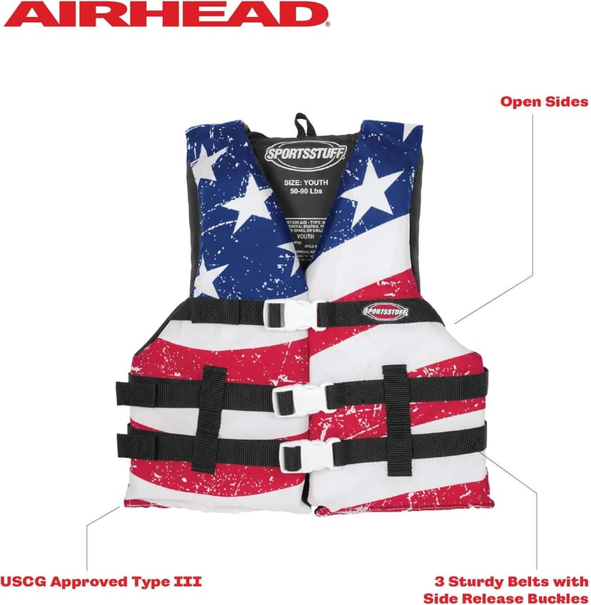 Sportstuff Stars & Stripes Life Jacket for Adults & Kids - USCG Approved Life Vest for Men, Women, Youth & Child, Open-Side Watersports Vest for Boating, Tubing & Swimming