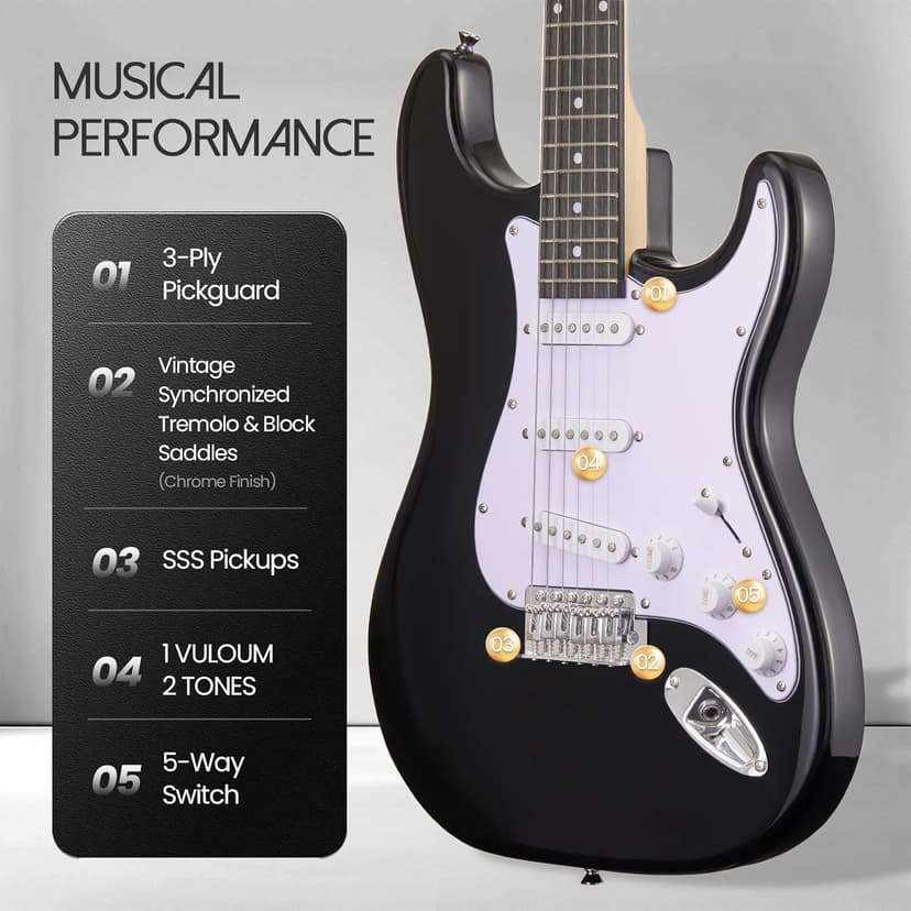 Meiou 39-Inch Electric Guitar Starter Kit ST Series-Complete starter kit with electric guitar, amp, strap, plectrum, tuner, strings, cable and guitar bag - Suitable for beginners (black)