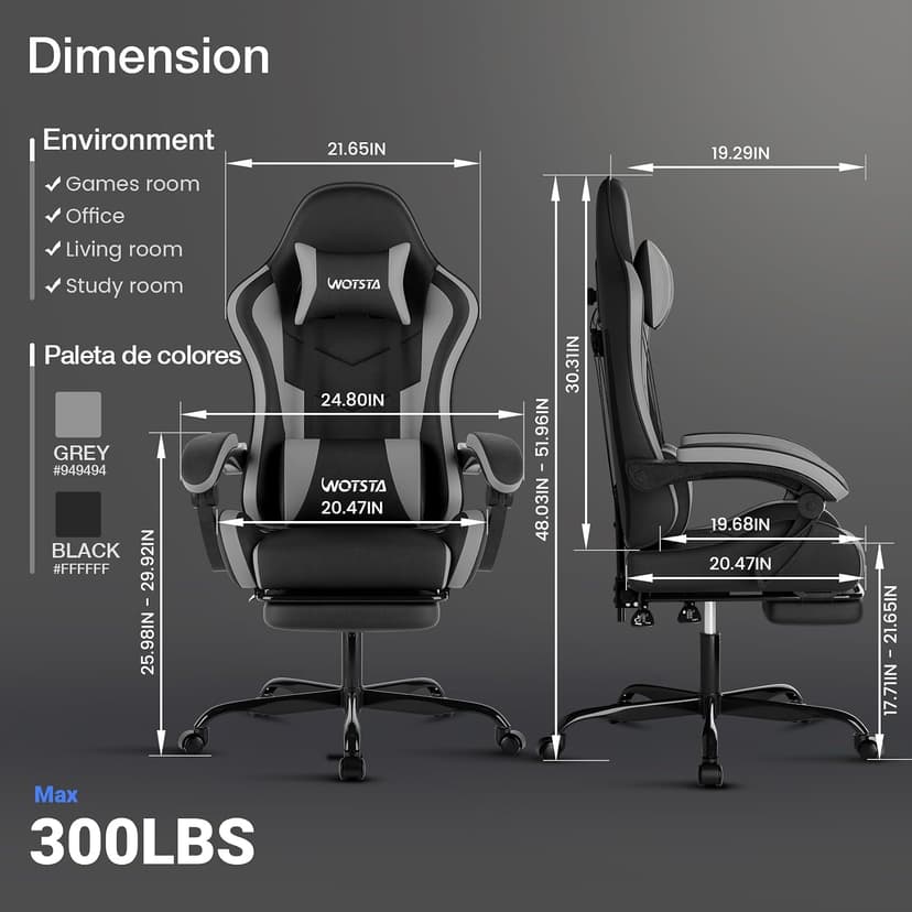 Gaming Chair with Footrest, Ergonomic Gaming Chair, Computer Chair with Lumbar Support, Headrest, Height Adjustable PC Chairs with 360° Swivel Seat for Office or Gaming BlackGrey