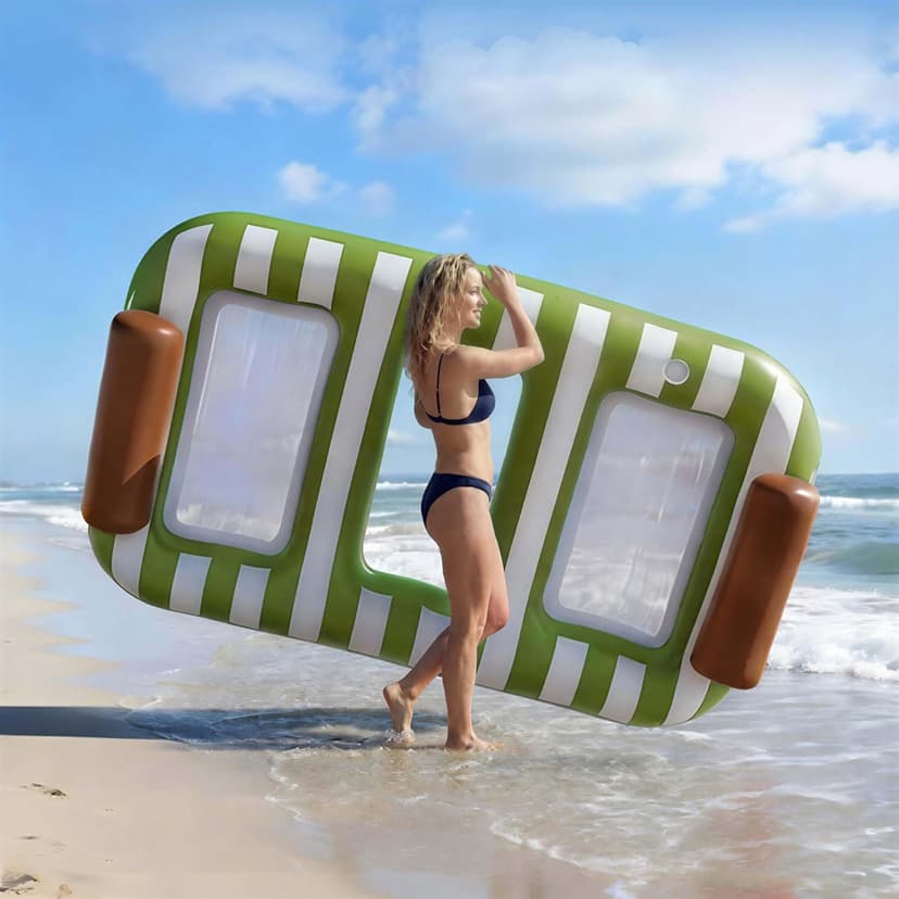 Funscape Large Inflatable Pool Floats, 87" x 53" Water Floating Hammock Tanning Pool Louger Adults, Outdoor Sun Bathing Tan Bed Mesh Mat, Swim Water Raft Floatie Summer Beach Lake Party Gifts (Green)