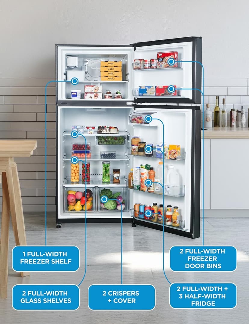 Commercial Cool 20 Cu. Ft. Top Mount Refrigerator with Ice Maker, 2-Door Refrigerator with Top Freezer, Freezer with Icemaker and Adjustable Temperature Control, Energy Star Certified, Black