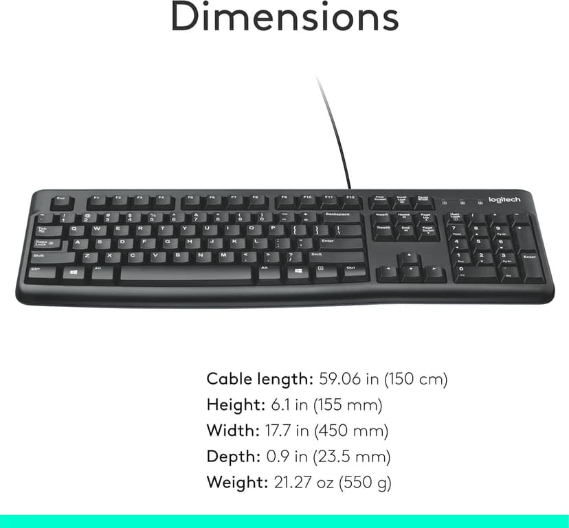 Logitech K120 Wired Keyboard for Windows, USB Plug-and-Play, Full-Size, Spill-Resistant, Curved Space Bar, Compatible with PC, Laptop - Black